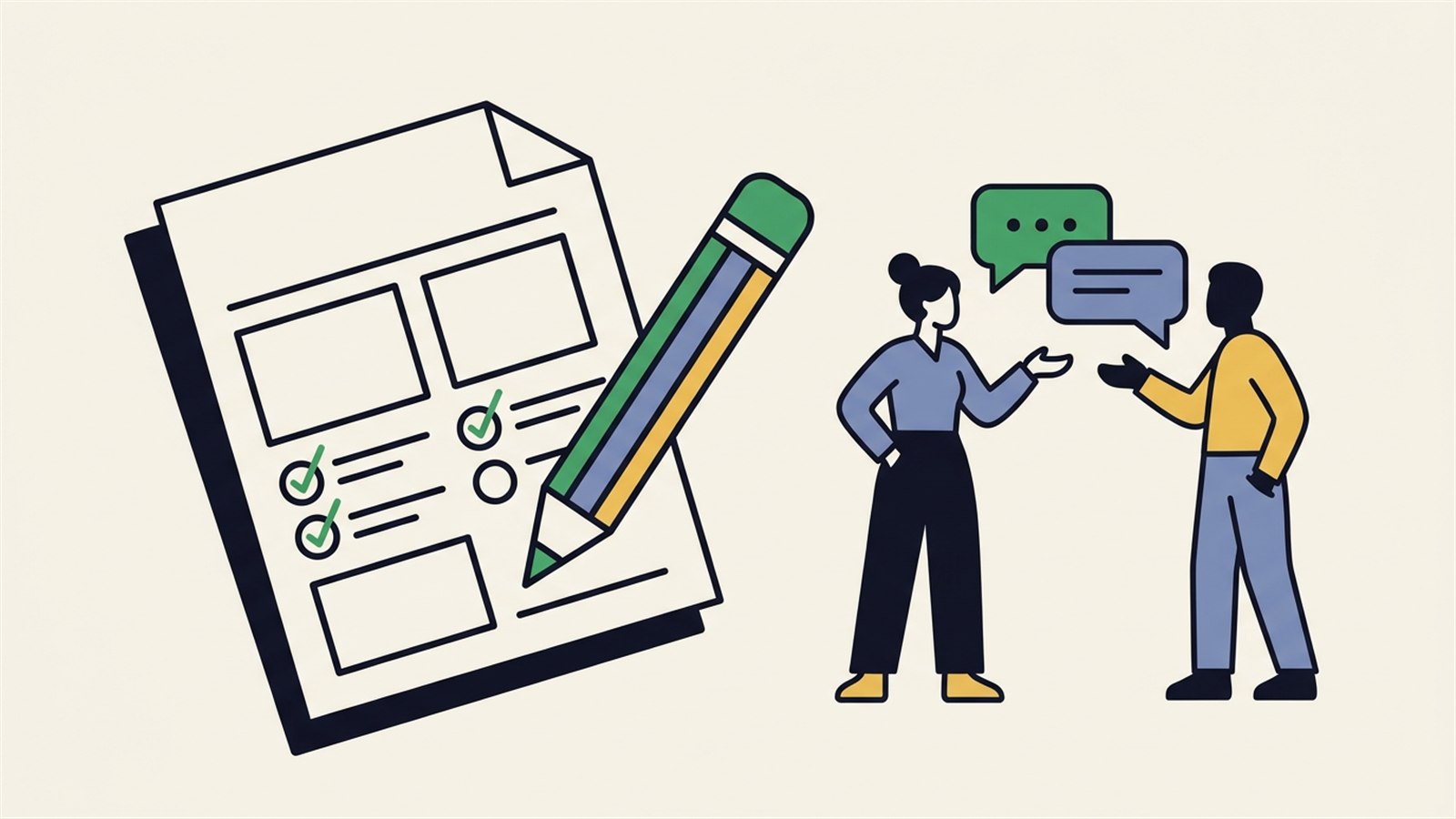 Flat illustration of a founder writing an app requirements document as seven labelled sections on a large notepad, with a developer reading a copy across the desk