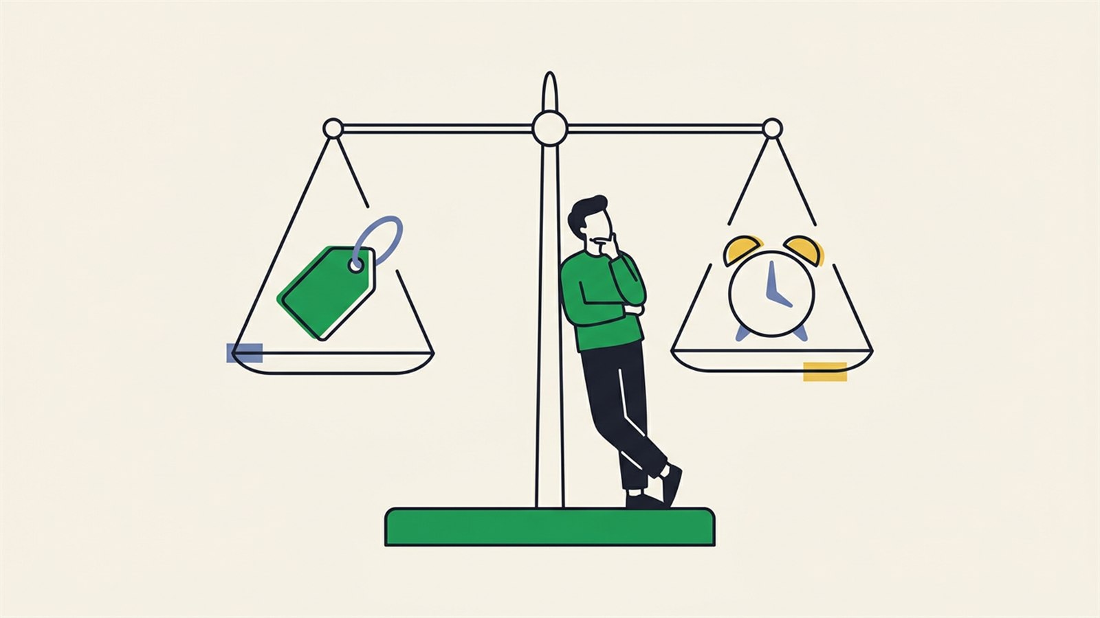 Flat illustration of a founder weighing two contracts on a balance scale, a fixed price agreement on one side and an hourly timesheet on the other, comparing fixed price vs hourly software development