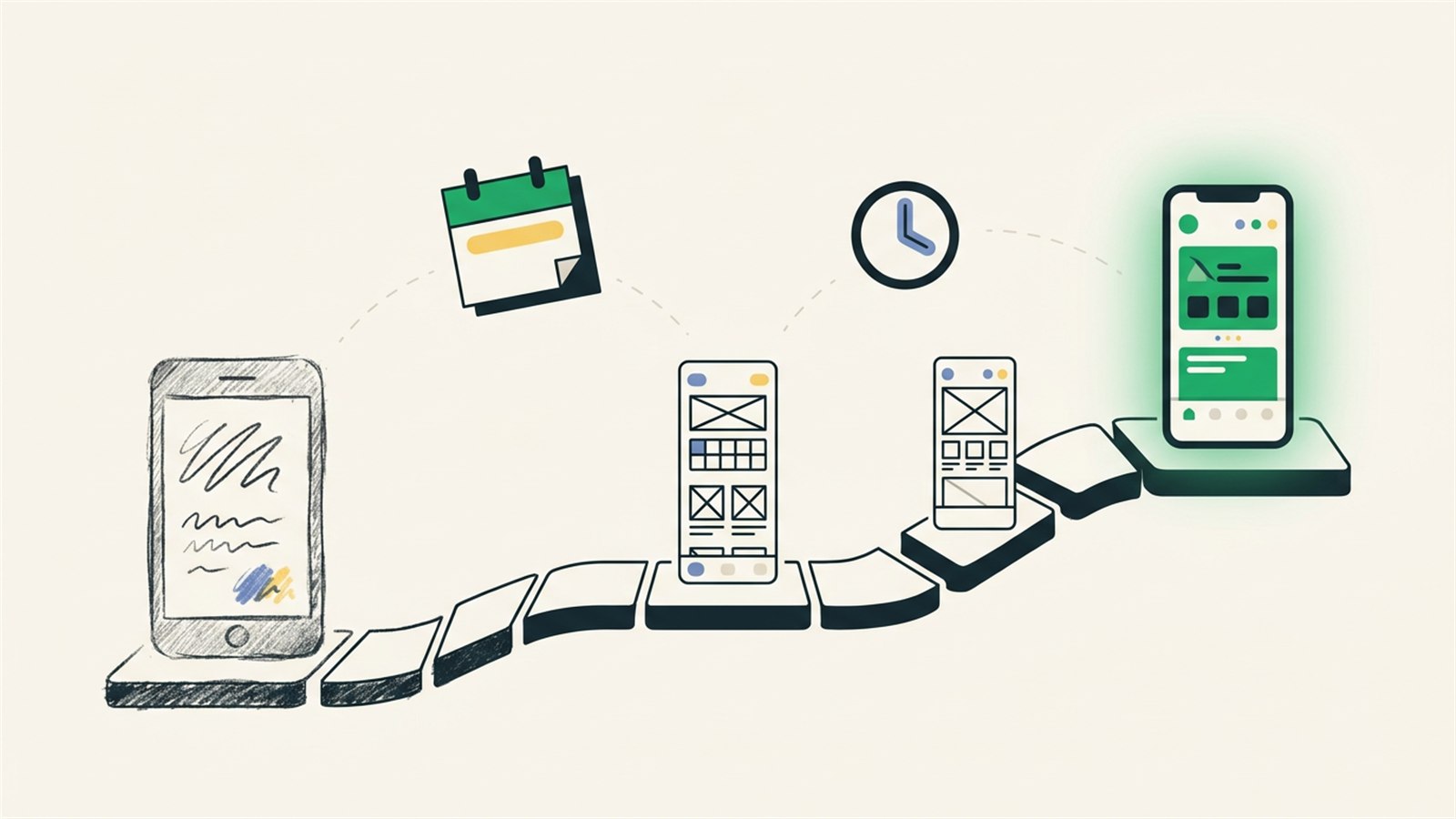 Flat illustration of a wall calendar and app screens answering the question how long does it take to build an app, with phases marked from scoping to launch