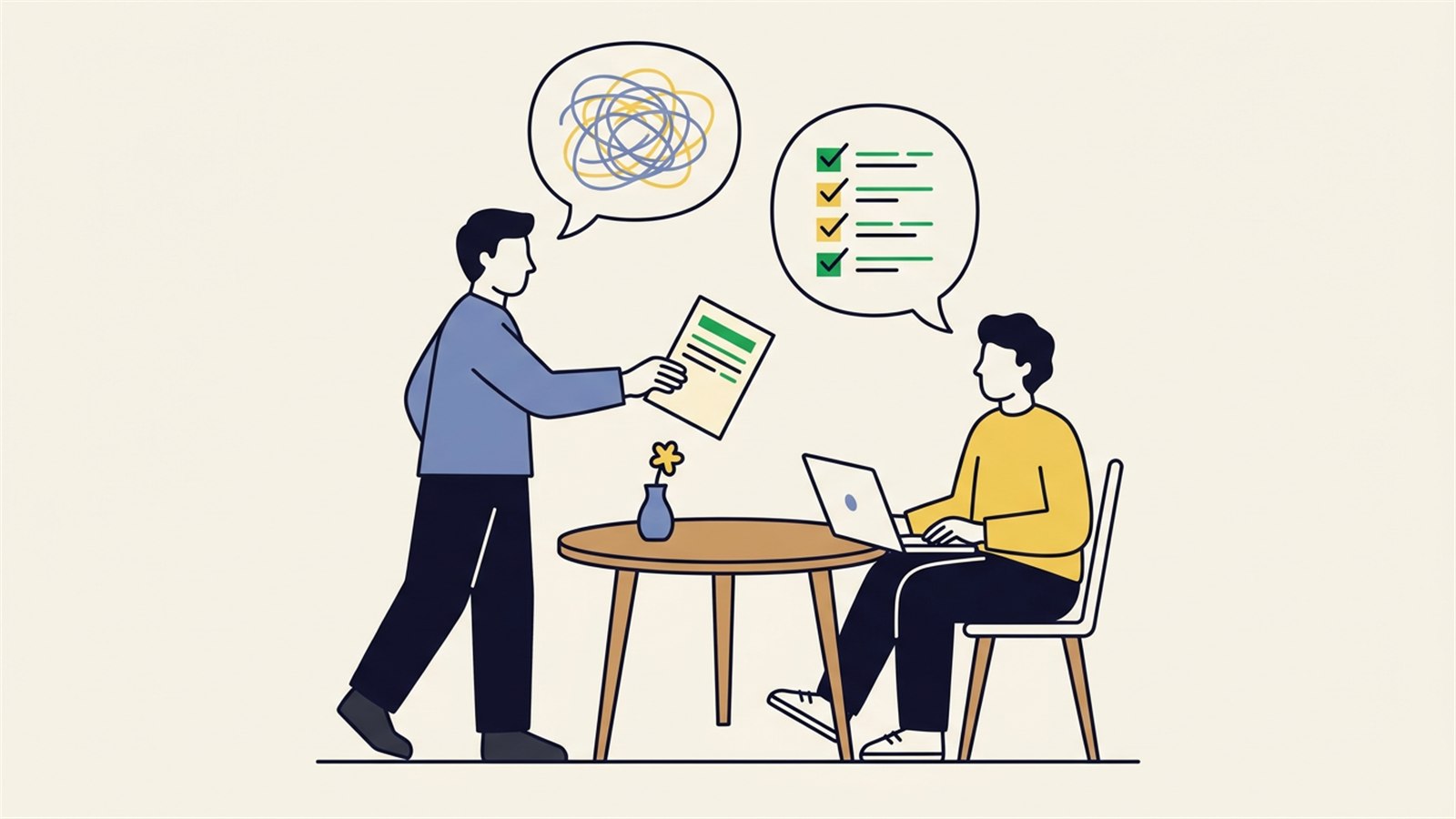 Flat illustration of a founder explaining an app idea to a developer, a tangled idea turning into a tidy one-page checklist