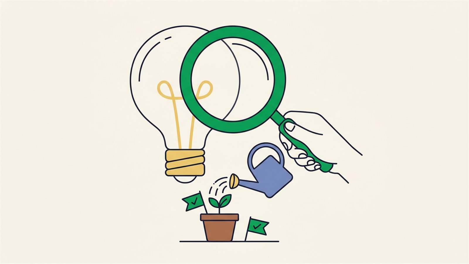 Flat illustration of a founder validating an app idea by weighing a phone sketch against a checklist of small, cheap experiments
