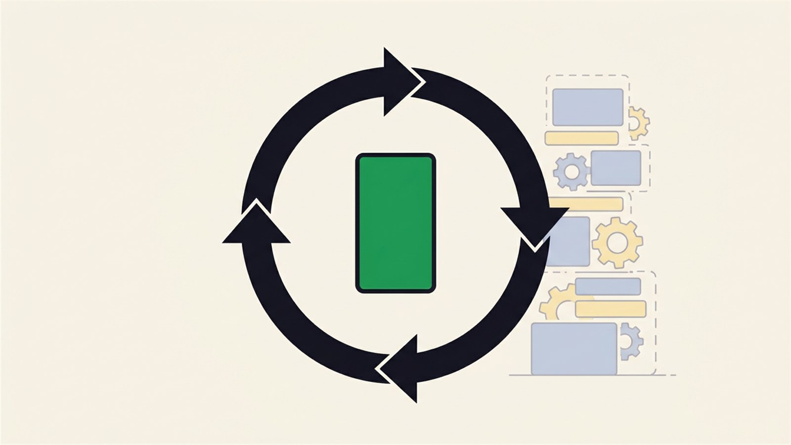 Flat illustration of finding your real MVP, one core app screen inside a loop of arrows while a stack of extra features waits to one side